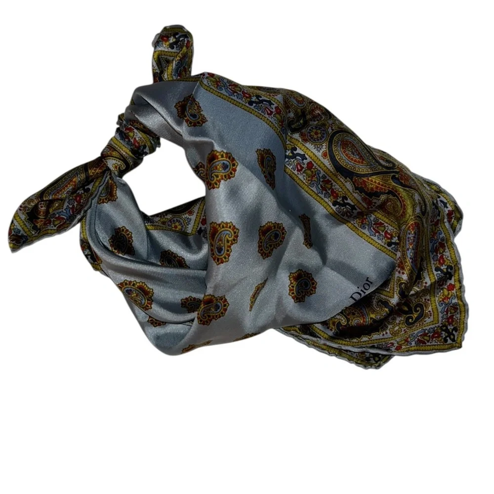 Christian Dior 100% Silk paisley blue gold hand rolled sewn 19